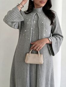 Al Najma Plus Size Women's Grey Knit Striped Textured Long Sleeve Beaded Stand Collar Straight Elegant Romantic Dress - Grey - View 1