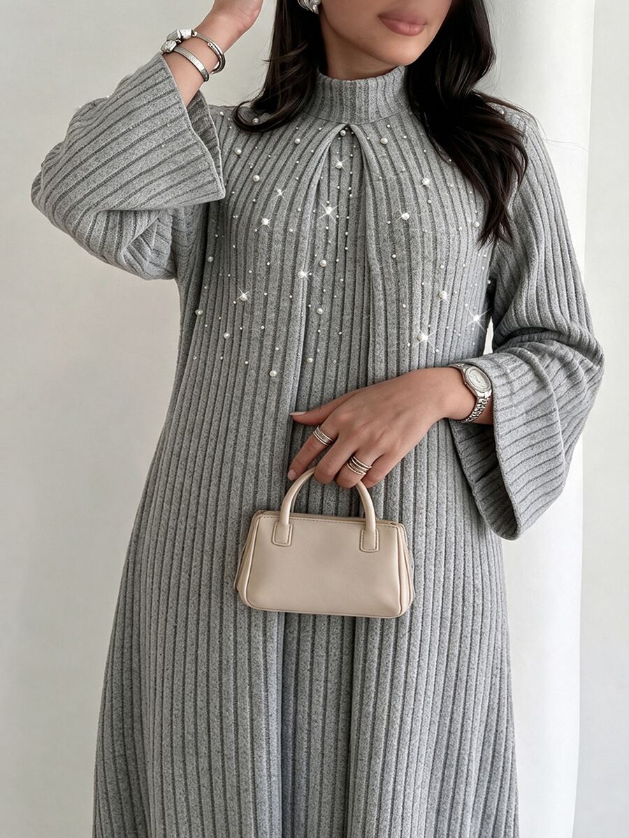 Al Najma Plus Size Women's Grey Knit Striped Textured Long Sleeve Beaded Stand Collar Straight Elegant Romantic Dress - Grey - View 1