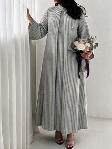 Al Najma Plus Size Women's Grey Knit Striped Textured Long Sleeve Beaded Stand Collar Straight Elegant Romantic Dress - Grey - View 3