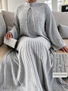 Al Najma Plus Size Women's Grey Knit Striped Textured Long Sleeve Beaded Stand Collar Straight Elegant Romantic Dress - Grey - View 7