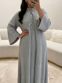 Al Najma Plus Size Women's Grey Knit Striped Textured Long Sleeve Beaded Stand Collar Straight Elegant Romantic Dress - Grey - View 6