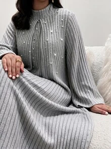 Al Najma Plus Size Women's Grey Knit Striped Textured Long Sleeve Beaded Stand Collar Straight Elegant Romantic Dress - Grey - View 5