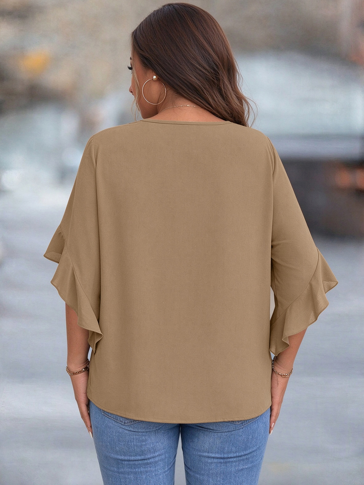 Rometta Plus Size Hollow Neck Ruffle Sleeve Solid Color Blouse Office Working Khaki Autumn Elegant Casual Elegant Modern Blouses Dinner Elegant - Khaki - View 2