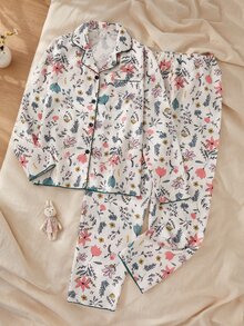 French Country Style Floral Print Teen Girls Pajama Set, Long Sleeve Cardigan & Long Pants 2 Pieces Set, Casual Comfortable Loungewear - Multicolor - View 7