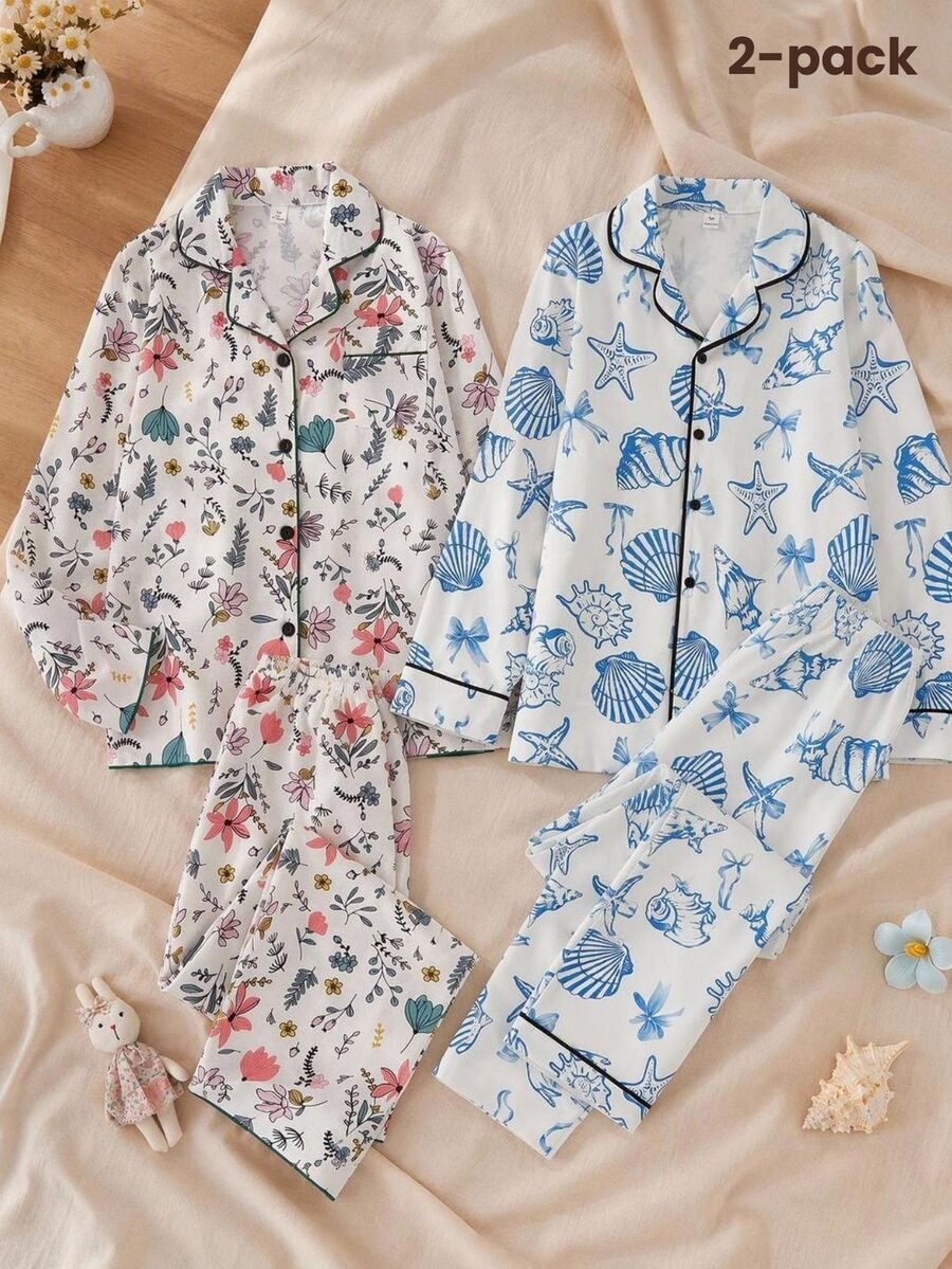French Country Style Floral Print Teen Girls Pajama Set, Long Sleeve Cardigan & Long Pants 2 Pieces Set, Casual Comfortable Loungewear - Multicolor - View 1