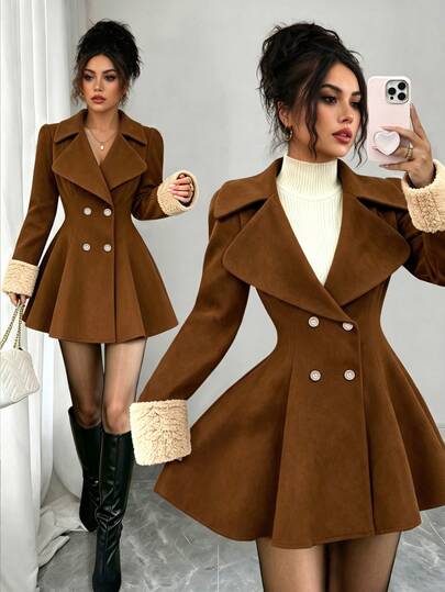 SHEIN Elenzya 1 pieza Abrigo de doble botonadura con puños de contraste de felpa
