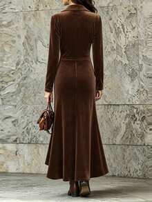 Trelyra Women's New Fashion Velvet Lapel Button Long Sleeve Cinched Waist Ruched Asymmetrical Ruffle Hem Midi Dress, Autumn/Winter Office Holiday Outfit - Brown - View 2