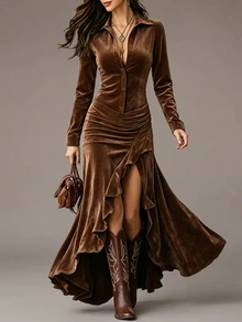 Trelyra Women's New Fashion Velvet Lapel Button Long Sleeve Cinched Waist Ruched Asymmetrical Ruffle Hem Midi Dress, Autumn/Winter Office Holiday Outfit - Brown - View 3