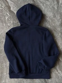 SHEIN Sparklyn 青少年女孩秋季海軍藍學院風刺繡字母休閒寬鬆加厚保暖內裡開襟運動衫，秋冬派對穿搭 - 藏蓝色 - 查看 2