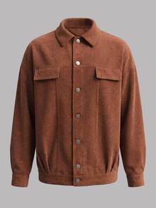 Casual Workwear Retro Corduroy Ribbed Pocket Flap Metal Button Turn-Down Collar Long Sleeve Loose Fit Men's Jacket And Coat - Brown - View 6