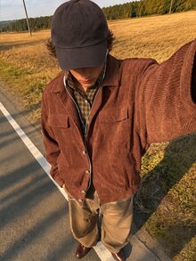 Casual Workwear Retro Corduroy Ribbed Pocket Flap Metal Button Turn-Down Collar Long Sleeve Loose Fit Men's Jacket And Coat - Brown - View 1