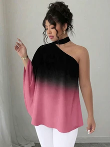 Elenzga 大码撞色渐变系带露肩不对称下摆衬衫 - 彩色 - 查看 3