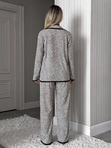 SHEIN Women 2 Pcs Leopard Pattern With Contrast Binding Detailed Button Front Sleep Shirt's And Long Pants Homewear Comfort Pajama Set For Ladies - Multicolor - View 2