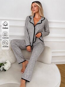 SHEIN Women 2 Pcs Leopard Pattern With Contrast Binding Detailed Button Front Sleep Shirt's And Long Pants Homewear Comfort Pajama Set For Ladies - Multicolor - View 4