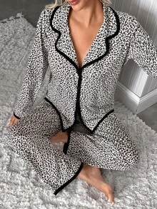 SHEIN Women 2 Pcs Leopard Pattern With Contrast Binding Detailed Button Front Sleep Shirt's And Long Pants Homewear Comfort Pajama Set For Ladies - Multicolor - View 1