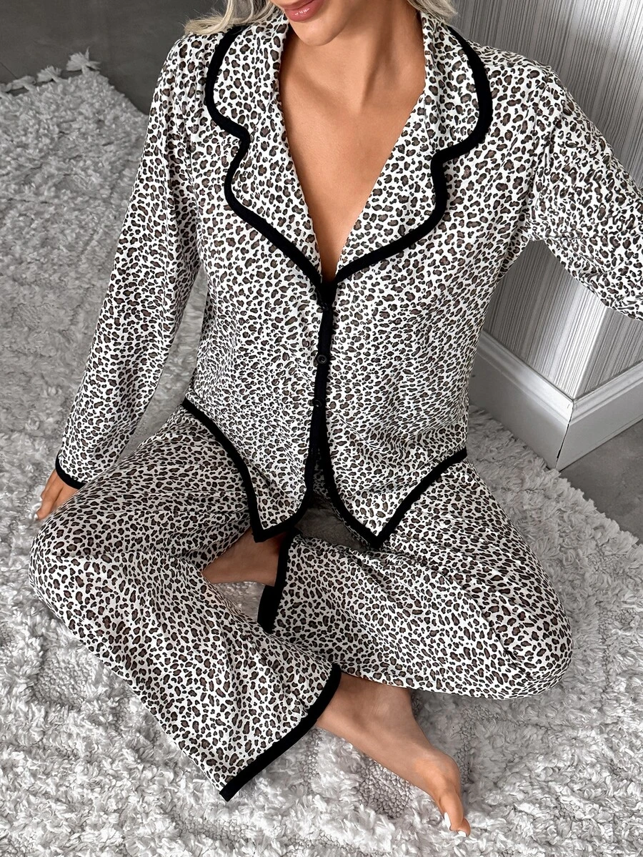 SHEIN Women 2 Pcs Leopard Pattern With Contrast Binding Detailed Button Front Sleep Shirt's And Long Pants Homewear Comfort Pajama Set For Ladies - Multicolor - View 1