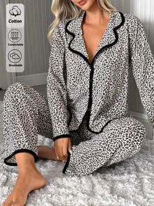 SHEIN Women 2 Pcs Leopard Pattern With Contrast Binding Detailed Button Front Sleep Shirt's And Long Pants Homewear Comfort Pajama Set For Ladies - Multicolor - View 8