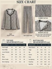 SHEIN Women 2 Pcs Leopard Pattern With Contrast Binding Detailed Button Front Sleep Shirt's And Long Pants Homewear Comfort Pajama Set For Ladies - Multicolor - View 5