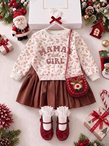 4-7 Years Old Girls Ditsy Floral + Letter Digital Print Sweatshirt Dress 2 In 1 Fairy Mermaid Ruffle Hem Autumn/Winter 7th Birthday White - Multicolor - View 3