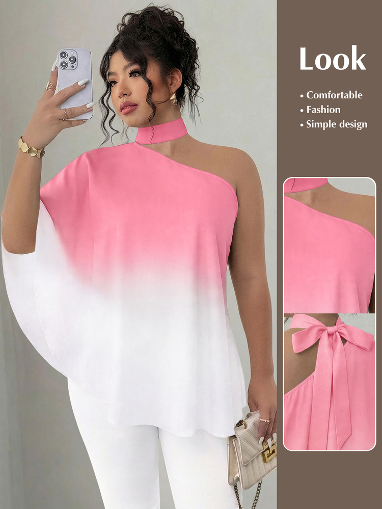 Elenzga Plus Size Women's Contrast Color Ombre Tie Shoulder Asymmetrical Hem Blouse Fall - Multicolor - View 1