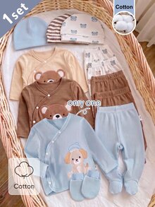 SHEIN Newborn Baby 4pcs Embroidery Cartoon Pattern PJ Set & Hat & Gloves - Baby Blue - View 1
