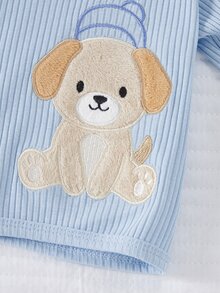 SHEIN Newborn Baby 4pcs Embroidery Cartoon Pattern PJ Set & Hat & Gloves - Baby Blue - View 7
