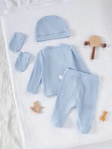 SHEIN Newborn Baby 4pcs Embroidery Cartoon Pattern PJ Set & Hat & Gloves - Baby Blue - View 2