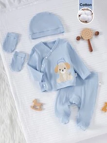 SHEIN Newborn Baby 4pcs Embroidery Cartoon Pattern PJ Set & Hat & Gloves - Baby Blue - View 4