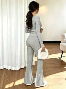 SHEIN LUNE Women's Solid Color Pleated Long Sleeve Top And Flare Pants Casual Daily 2 Pieces Set - Grey - View 2