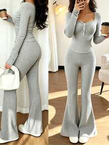 SHEIN LUNE Women's Solid Color Pleated Long Sleeve Top And Flare Pants Casual Daily 2 Pieces Set - Grey - View 3