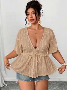 Elenzga Plus Size Brown Hollow Embroidery Fabric Deep V-Neck Short Sleeve Cinched Waist A-Line Ruffle Hem Bow Decor Blouse Elegant Casual Versatile Commute Date Party Vacation Shirt - Khaki - View 9