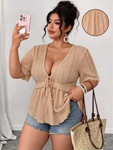 Elenzga Plus Size Brown Hollow Embroidery Fabric Deep V-Neck Short Sleeve Cinched Waist A-Line Ruffle Hem Bow Decor Blouse Elegant Casual Versatile Commute Date Party Vacation Shirt - Khaki - View 10