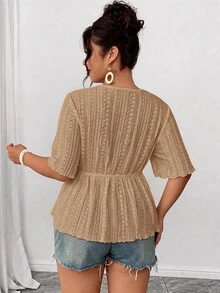 Elenzga Plus Size Brown Hollow Embroidery Fabric Deep V-Neck Short Sleeve Cinched Waist A-Line Ruffle Hem Bow Decor Blouse Elegant Casual Versatile Commute Date Party Vacation Shirt - Khaki - View 2