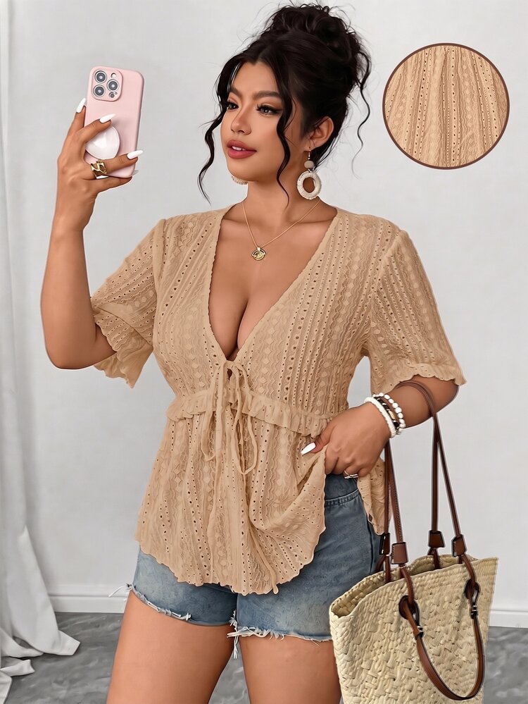Elenzga Plus Size Brown Hollow Embroidery Fabric Deep V-Neck Short Sleeve Cinched Waist A-Line Ruffle Hem Bow Decor Blouse Elegant Casual Versatile Commute Date Party Vacation Shirt - Khaki - View 1