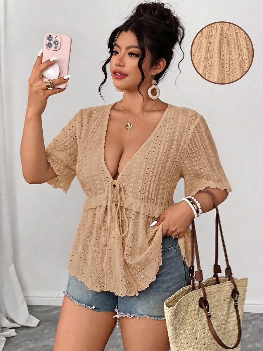 Elenzga Plus Size Brown Hollow Embroidery Fabric Deep V-Neck Short Sleeve Cinched Waist A-Line Ruffle Hem Bow Decor Blouse Elegant Casual Versatile Commute Date Party Vacation Shirt - Khaki - View 1