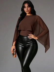 Rustia Plus Size 2 In 1 Cape Cover Up, Round Neck Elastic Slim Fit Shawl Style, Flattering Belly Cover Versatile Knit Top - Brown - View 3