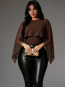 Rustia Plus Size 2 In 1 Cape Cover Up, Round Neck Elastic Slim Fit Shawl Style, Flattering Belly Cover Versatile Knit Top - Brown - View 5