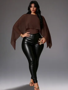 Rustia Plus Size 2 In 1 Cape Cover Up, Round Neck Elastic Slim Fit Shawl Style, Flattering Belly Cover Versatile Knit Top - Brown - View 7