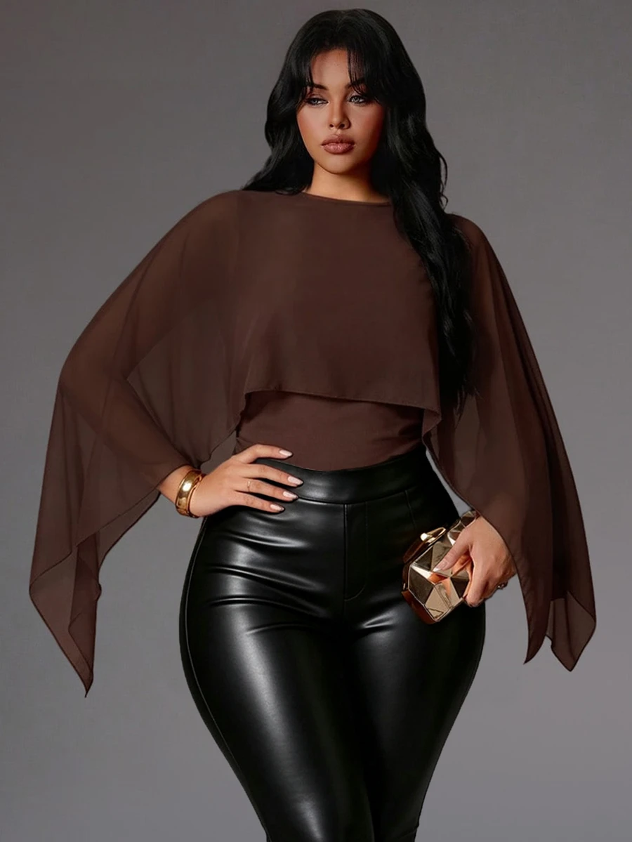 Rustia Plus Size 2 In 1 Cape Cover Up, Round Neck Elastic Slim Fit Shawl Style, Flattering Belly Cover Versatile Knit Top - Brown - View 1