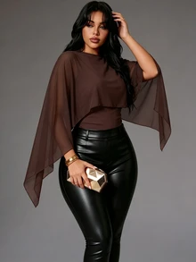 Rustia Plus Size 2 In 1 Cape Cover Up, Round Neck Elastic Slim Fit Shawl Style, Flattering Belly Cover Versatile Knit Top - Brown - View 4