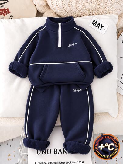 Autumn/Winter Boys Navy Blue Half-Zip Stand Collar Sweatshirt 2 Pieces Set, Contrast White Stripe Thermal Lined Two Pieces Set, Exquisite Letter Print, Suitable For School, Outings And Daily Wear, Autumn Vibe Fully Loaded, September Back To School Children's Clothing, Boys Early Autumn Outfit, Children's Sweatshirt Set, Casual Style