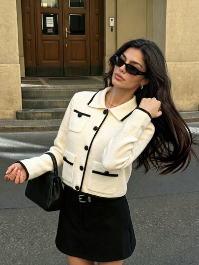 Cévolie Women's Autumn/Winter New Black Contrast Color Multi-Pocket Lapel Long Sleeve Short Single-Breasted Vintage Elegant Commuter Cardigan Sweater