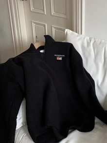 DAZY Men's Autumn/Winter Thermal Lined Black Pullover Sweatshirt With Chest Letter Embroidery, Half-Zip Collar, Flip Collar, Elastic Drawstring Hem And Cuffs - Black - View 6