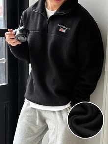 DAZY Men's Autumn/Winter Thermal Lined Black Pullover Sweatshirt With Chest Letter Embroidery, Half-Zip Collar, Flip Collar, Elastic Drawstring Hem And Cuffs - Black - View 5