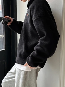 DAZY Men's Autumn/Winter Thermal Lined Black Pullover Sweatshirt With Chest Letter Embroidery, Half-Zip Collar, Flip Collar, Elastic Drawstring Hem And Cuffs - Black - View 3