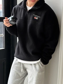 DAZY Men's Autumn/Winter Thermal Lined Black Pullover Sweatshirt With Chest Letter Embroidery, Half-Zip Collar, Flip Collar, Elastic Drawstring Hem And Cuffs - Black - View 7