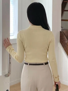 DAZY 女款修身優雅綁帶長袖針織上衣 秋季 - 黃色 - 查看 2
