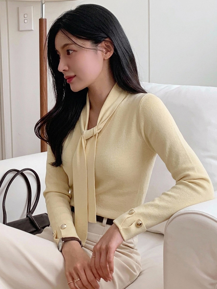 DAZY Women's Fitted Elegant Lace-Up Long Sleeve Knit Top Fall - Yellow - View 6