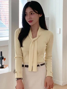 DAZY 女款修身優雅綁帶長袖針織上衣 秋季 - 黃色 - 查看 5