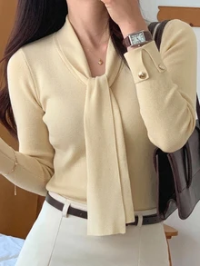 DAZY 女款修身優雅綁帶長袖針織上衣 秋季 - 黃色 - 查看 3